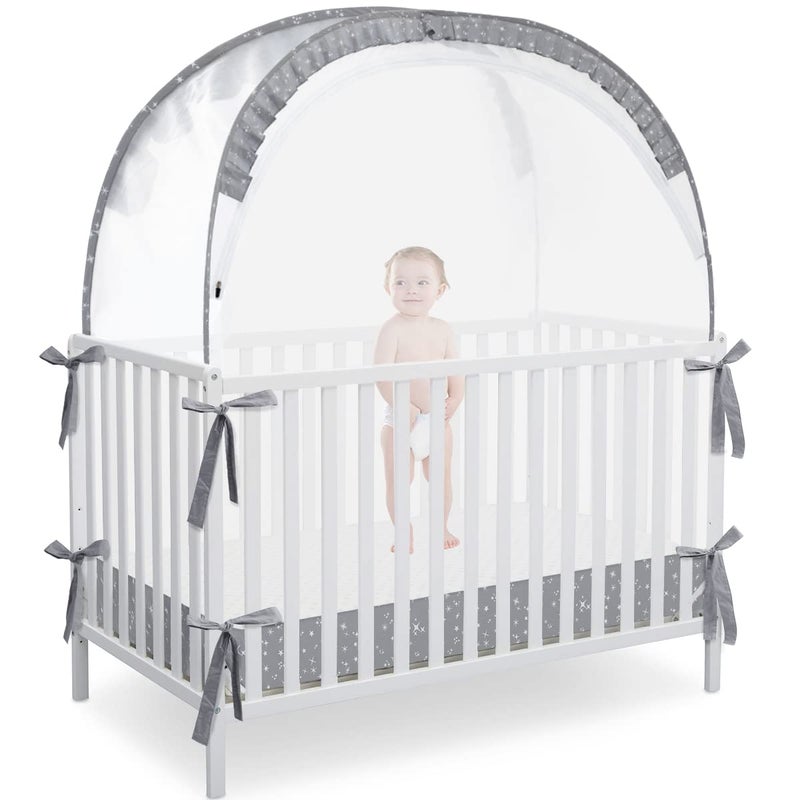 L RUNNZER Pop Up Baby Crib Tent, Crib Net Canopy to Keep Baby in, Crib Mosquito Net with Viewing Window, Soft Mesh Cover & Pop Up Structure - Image 1